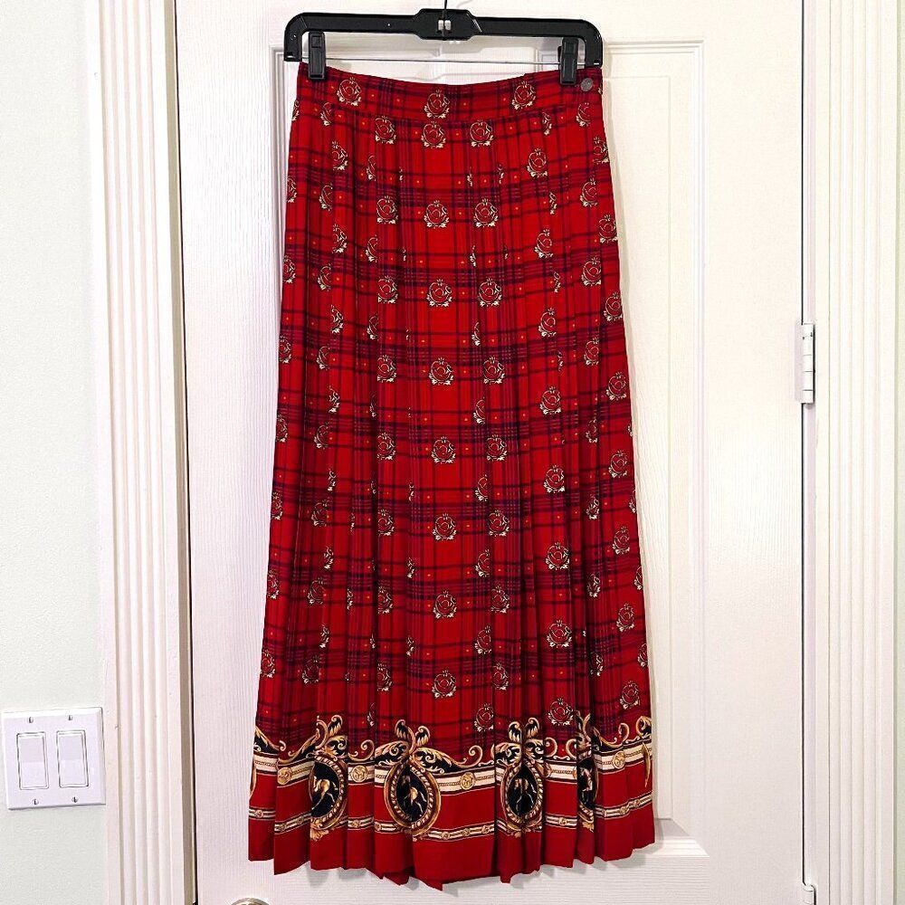 Vintage Susan Bristol Red Black & Gold Tartan Pleated Midi Skirt Fox Hunt Themed